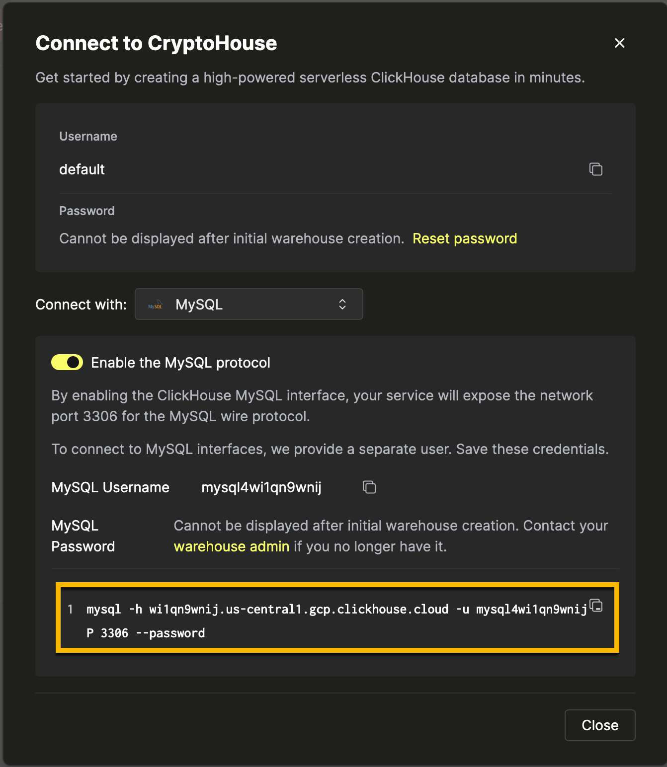 Экран учетных данных — строка подключения